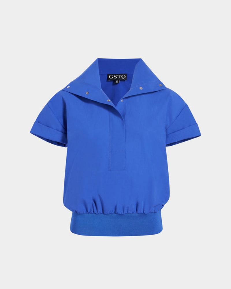 Front of a size XL Snap-Detail Funnel-Neck Top in Royal Blue by GSTQ. | dia_product_style_image_id:237686